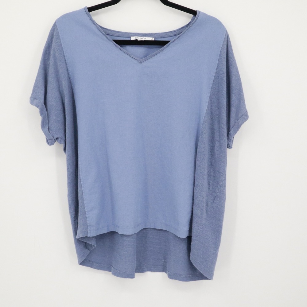 Chico's Linen Cotton Top Womens L Blue Resort Vacation Casual Boho Beachy‎